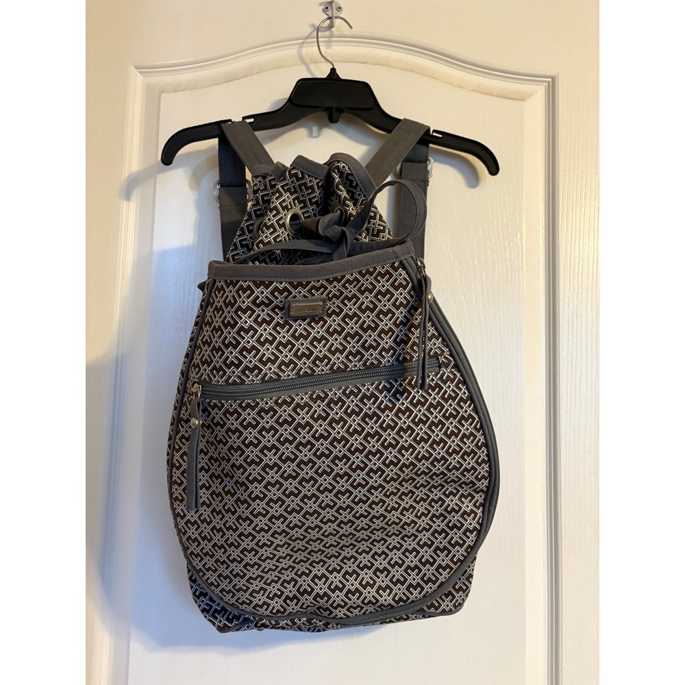 Ame & Lulu Canvas Backpack Brown Grey Geometric Print Drawstring Bag Tennis